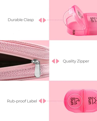 Vista 13 de AMOOS Lindo organizador de pastillas 2 veces al día, pastillero de cuero PU para mujer, pastillero semanal portátil para bolso con bolsa