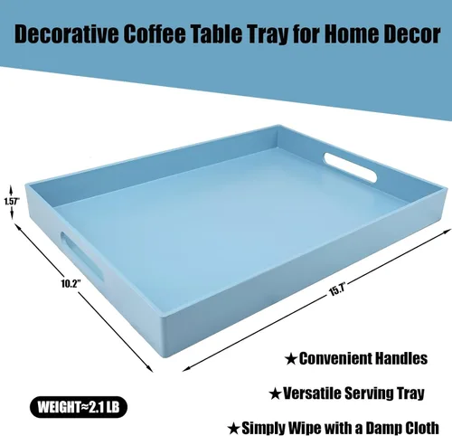 Vista 2 de Bandeja azul para mesa de café, bandeja decorativa rectangular de plástico con asas para entretenimiento, patio al aire libre, sala de estar