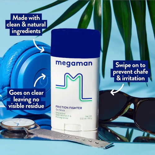 Vista 2 de Megaman Friction Fighter Go - Barra antirozaduras Previene rozaduras e irritación de la piel Muslos, brazos y más Esenciales de verano y clima