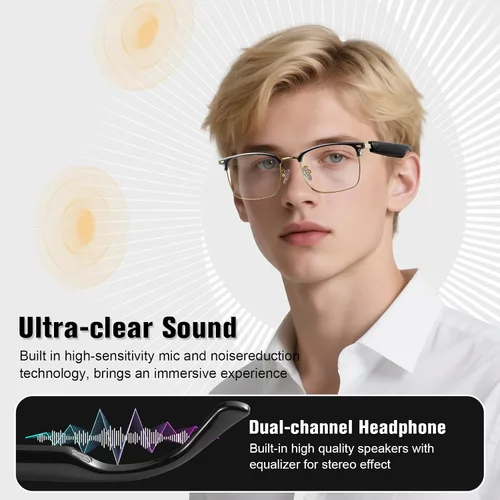 Vista 4 de Gafas inteligentes, gafas con filtro de luz azul, gafas de sol Bluetooth, lente fotocrómica, micrófono y altavoz integrados (GS13-dorado+marco negro)