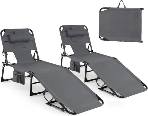 Vista 12 de Tangkula Silla de bronceado con agujero frontal, plegable y ajustable para patio, silla reclinable, para playa, tomar el sol, con bolsillo lateral