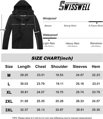 Vista 7 de SWISSWELL - Chaqueta impermeable rompe vientos para hombre, ligera, con capucha