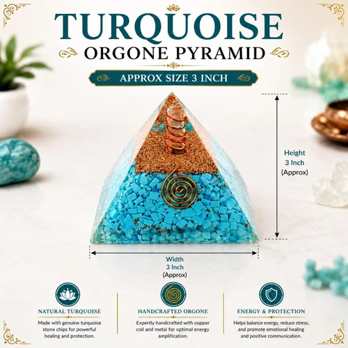 Vista 2 de Exquisitas piedras preciosas de cristal de pirámide de orgón turquesa A++ Chakra Cobre Metal