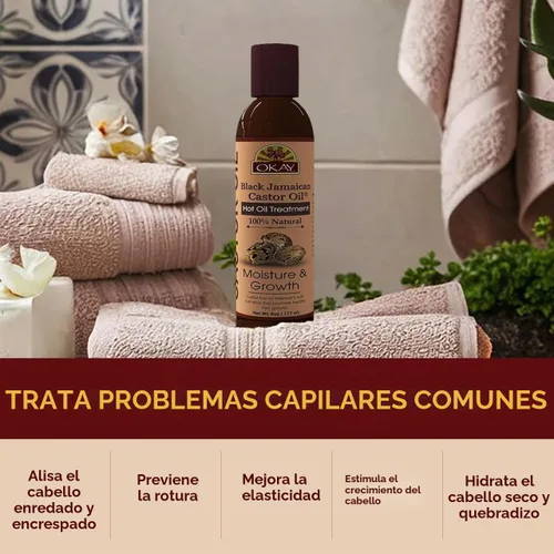 Vista 4 de OKAY Aceite caliente de ricino jamaicano negro 100% natural, aceite de ricino para cabello encrespado seco dañado, mezcla de terapia pura con jojoba