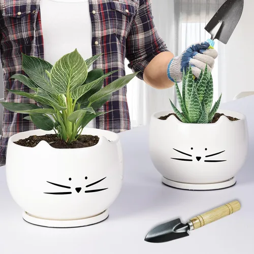 Vista 3 de Koolkatkoo Juego de 2 macetas de cerámica para gatos de 6 pulgadas con agujero de drenaje y platillo para plantas de interior y exterior, grande