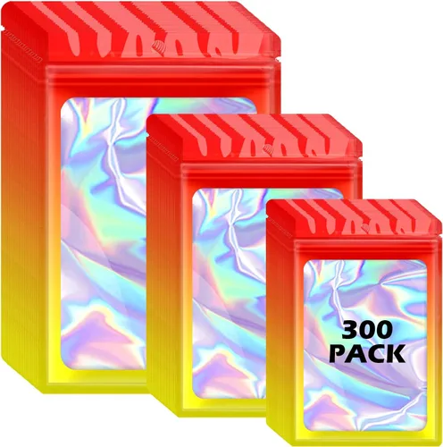 Vista 11 de 300 bolsas holográficas de mylar, 3 tamaños, bolsas a prueba de olores con ventana transparente, bolsas de papel de aluminio resellables