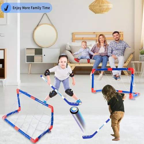 Vista 5 de Conjunto de hockey y fútbol flotante 3 en 1, juguetes de hockey y fútbol recargables con aire flotante y batería para niños con luces LED