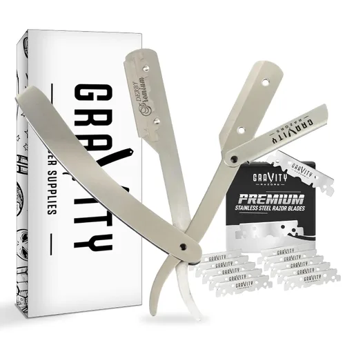 Vista 20 de Kit de afeitado manual GRAVITY RAZORS Profesional – Exposición Ultra, Incluye 10 Hojas Premium, 2mm Expuestas, Negro Mate