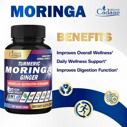 Vista 3 de Organic Cadane Suplemento de hoja de moringa, cúrcuma, jengibre, suministro de 2 meses, 120 cápsulas veganas