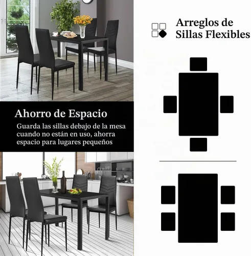 Vista 4 de NAFORT Juego de mesa de comedor para 4, mesa rectangular de vidrio templado de 48.5 pulgadas con 4 sillas de comedor de piel sintética negra, mesas