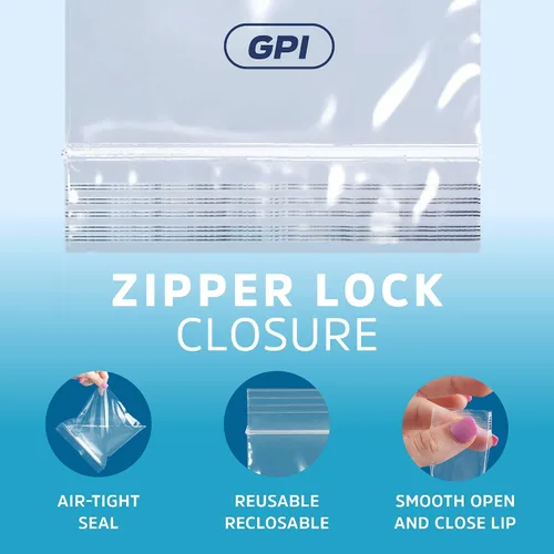 Vista 5 de GPI Paquete de 200 bolsas de plástico transparente con cremallera de 1 pulgada x 1 pulgada de grosor, bolsas de polietileno resistentes y duraderas