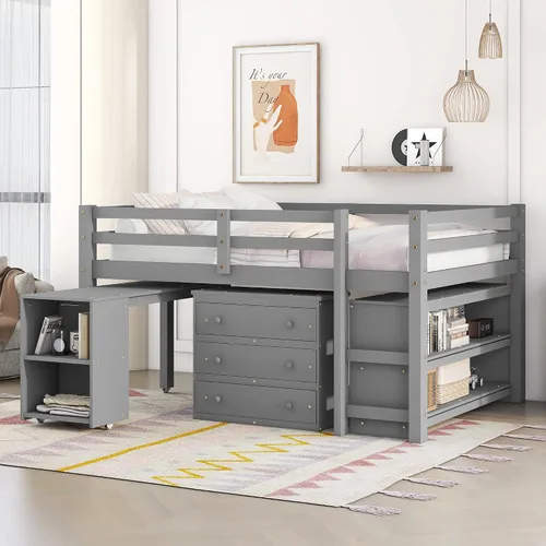 Vista 11 de Base de cama baja de madera con escritorio portátil rodante, cama alta individual con armario abierto y cajones, cama baja con estante para niños