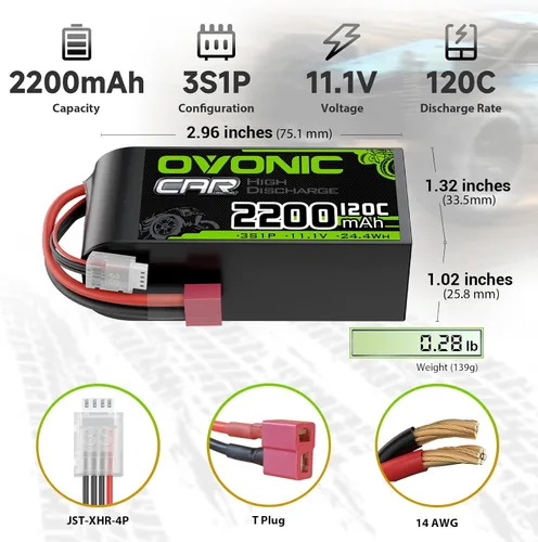 Vista 2 de OVONIC 3S - Batería LiPo corta de 11.1 V 2200 mAh 120C con enchufe en T estilo Dean para coche RC, camión RC, avión, helicóptero, barco, carreras