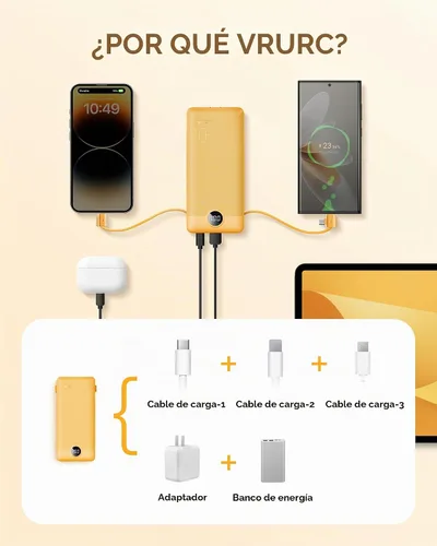 Vista 4 de VRURC Cargador portátil, cables integrados en el banco de energía y enchufe Naranja