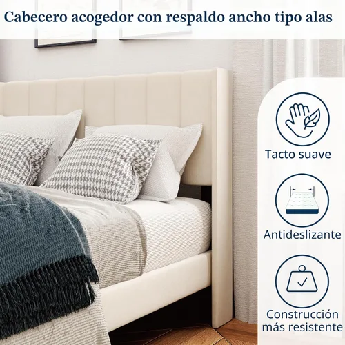 Vista 3 de Sismplly Armazón de cama tamaño completo con cabecero, respaldo acolchado con canales verticales tipo ala, no necesita somier, base de colchón