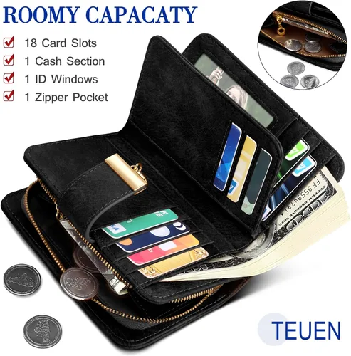 Vista 2 de Cartera pequeña con bloqueo RFID para mujer, de cuero, compacta, plegable, con 18 ranuras para tarjetas, con bolsillo para monedas, Negro