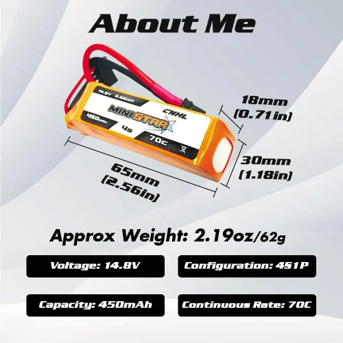 Vista 3 de CNHL 450mAh 4S Lipo Batería 70C 14.8V con XT30U Plug para RC Drone FPV Avión Heli Avión (2 piezas)