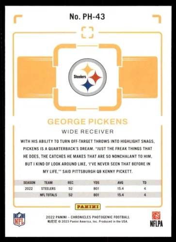 Vista 2 de 2022 Panini Chronicles Photogenic #43 George Pickens Pittsburgh Steelers RC Tarjeta de novato oficial de fútbol de la NFL en estado en bruto