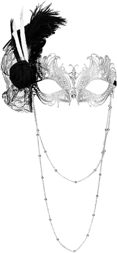 Vista 9 de Aroncent Máscara de plumas para mujer: máscara de filigrana de metal veneciano con cadena desmontable, fiesta de Halloween Negro