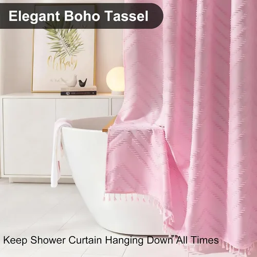 Vista 48 de Cortina de ducha Siiluminisoy de 36x72 beige, cortina de ducha de tela de tamaño pequeño, cortinas de ducha de tela con tufting, diseño chevron a