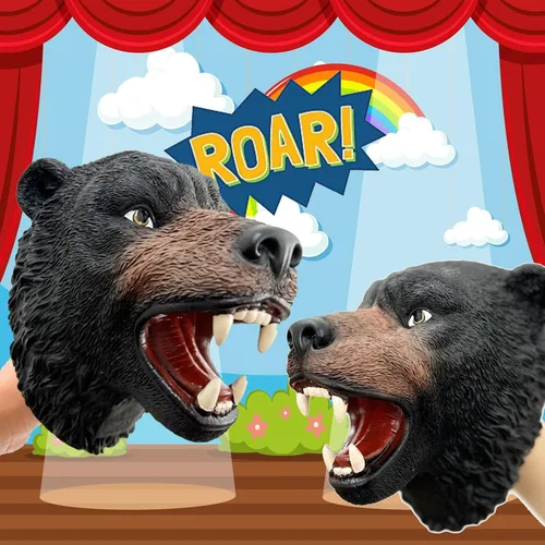 Vista 2 de Gemini&Genius Juguete de oso para niños, marioneta de mano de oso – Oso negro americano de goma suave Bruin Head juguete para juegos de rol, cuentos