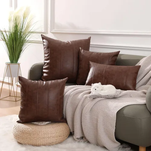 Vista 4 de Yaertun Juego de 2 fundas de almohada decorativas de piel sintética a rayas, modernas y sólidas, fundas de cojín para exteriores, fundas de almohada