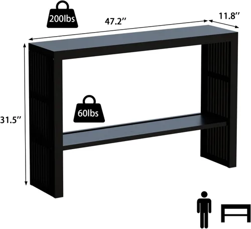 Vista 2 de Mesa consola estrecha de bambú de 47.2 pulgadas, mesa auxiliar de granja de 2 niveles, mesa de entrada rectangular, moderna mesa de sofá detrás