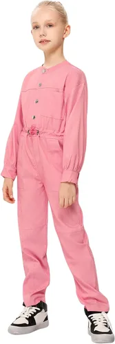 Vista 3 de Kukume Girls Long Sleeve Button Down Jumpsuits Rompers Straight Leg Cargo Pant with 5 Pockets