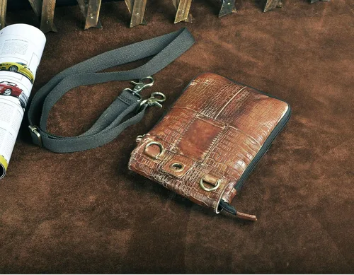 Vista 7 de Le'aokuu Riñonera de cuero genuino para hombre, bolso de hombro pequeño mensajero para teléfono, cinturón, Camel de cocodrilo grande