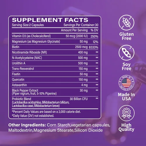 Vista 6 de Suplemento NAD+ para mujeres y hombres 1800 mg - NAD Plus liposomal con ribósido de nicotinamida y resveratrol, antienvejecimiento Salud