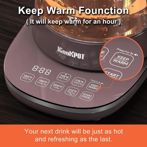 Vista 5 de Hervidor eléctrico de vidrio caliente de titanio de 1500 W con infusor y control de temperatura, hervidor de té de 1.5 L de ebullición rápida