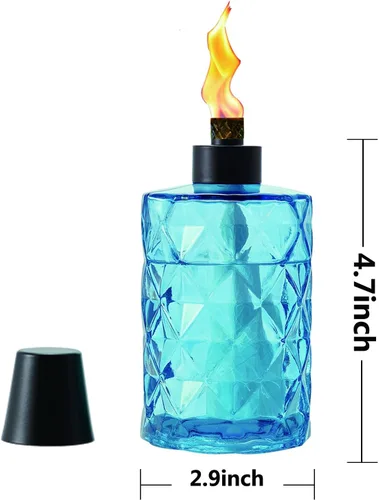 Vista 3 de Paquete de 4 linternas de mesa de cristal azul con mecha y tapa, linternas de citronela al aire libre, linterna de llama recargable, linterna