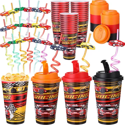 Vista 26 de Yungyan 16 juegos de tazas de golosinas con tapas y pajitas para decoraciones de cumpleaños, reutilizables, 16 onzas, vasos de plástico para dulces