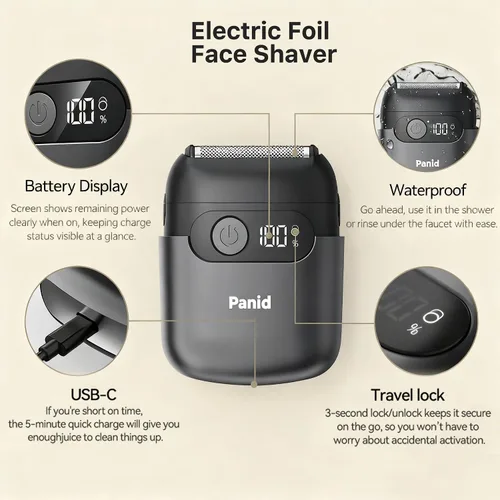 Vista 7 de Afeitadoras eléctricas de aluminio para hombres, mini maquinilla de afeitar eléctrica mejorada con 3 cuchillas flotantes, pantalla LED, USB-C