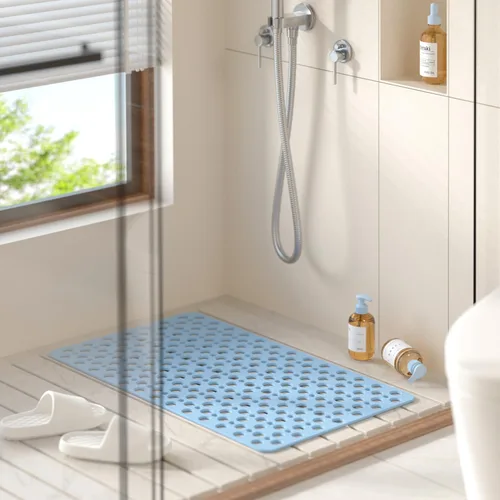 Vista 8 de HITSLAM Tapete antideslizante de elastómero termoplástico suave para bañera, drenaje eficiente con ventosas, fácil de limpiar, 28 x 15 pulgadas, Azul