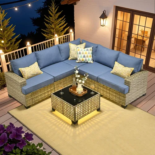 Vista 37 de HOOOWOOO Juego de Muebles Seccionales para Patio al Aire Libre, 6 Piezas Juegos de Conversación de Mimbre Sofá en Forma de L, Sofá Extra Profundo