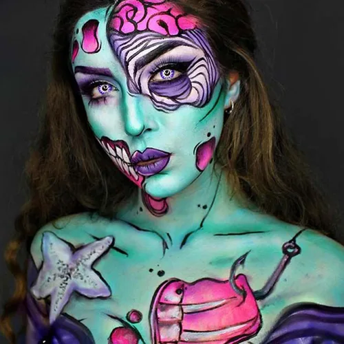 Vista 5 de CCBeauty - Juego de pintura facial profesional en paleta a base de aceite, 12 colores, para fiesta de arte, Halloween, con 10 pinceles azules