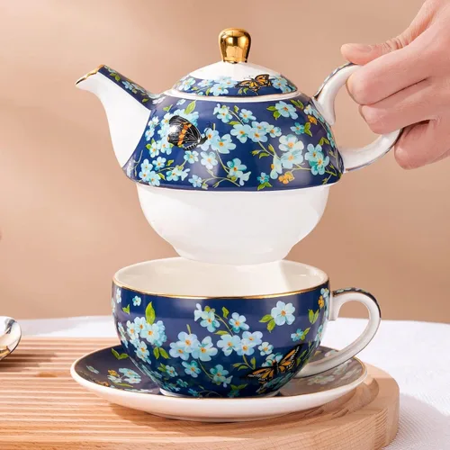 Vista 4 de Juego de té para uno, tetera y taza de porcelana, juego de té para una persona, tetera floral, juego de té de regalo para mujeres, mariposa azul