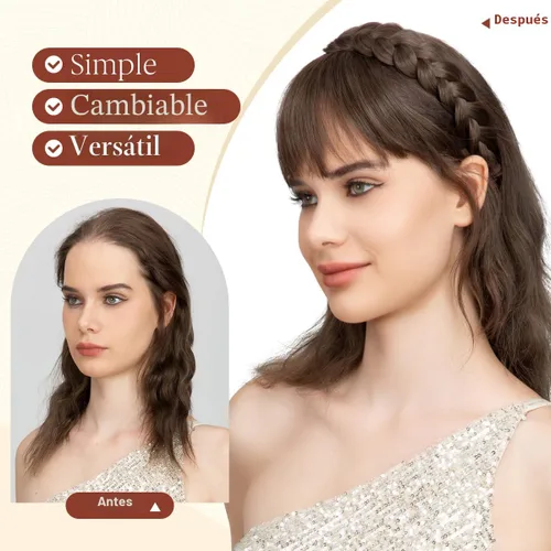 Vista 3 de SARLA Diadema trenzada con 3 flequillos desmontables con clips, extensiones de cabello con flequillo para mujer, banda de cabello sintética falsa