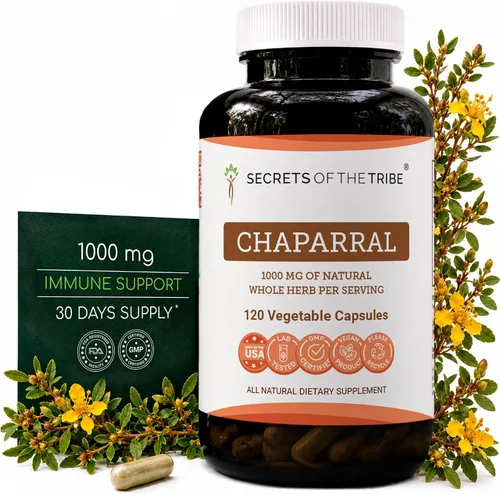 Vista 6 de Secrets of the Tribe Chaparral 60 Cápsulas, 1000 mg, Chaparral (Larrea tridentata) Hoja seca y Flor (60 Cápsulas)