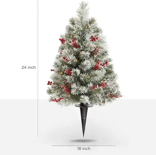 Vista 4 de OasisCraft - Juego de 2 árboles de Navidad artificiales para exterior de 24 pulgadas con relleno de urna escarchada, árbol de Navidad preiluminado