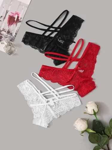 Vista 3 de WDIRARA Conjunto de 3 bragas de encaje floral con tirantes cruzados para mujer