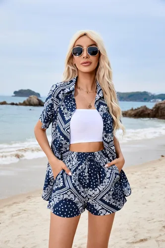 Vista 2 de Zeagoo Conjunto de lino de 2 piezas para mujer, conjunto de verano con botones y estilo casual para la playa