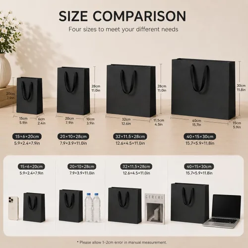 Vista 6 de SHIPKEY Paquete de 10 bolsas de regalo pequeñas Bolsa de regalo negra de 6x2.5x8 pulgadas, bolsas de papel para hombres, bolsa de recuerdo