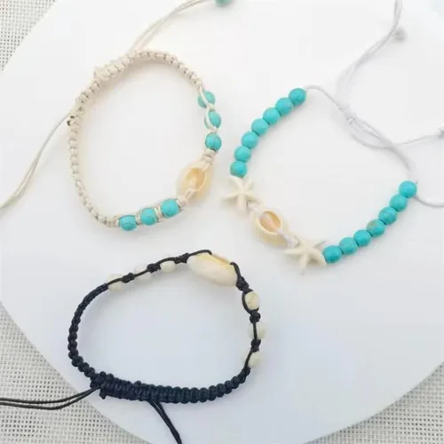 Vista 4 de Aonklot Pulsera de estrella de mar para mujer, pulsera de concha de puka, pulsera de cuentas azules, pulsera de estrella de mar ajustable