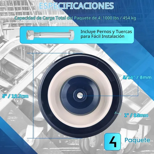 Vista 2 de Repuesto de ruedas para carrito de compras, paquete de 4 ruedas para carrito de compras, ruedas de carrito de compras de 5 pulgadas de diámetro