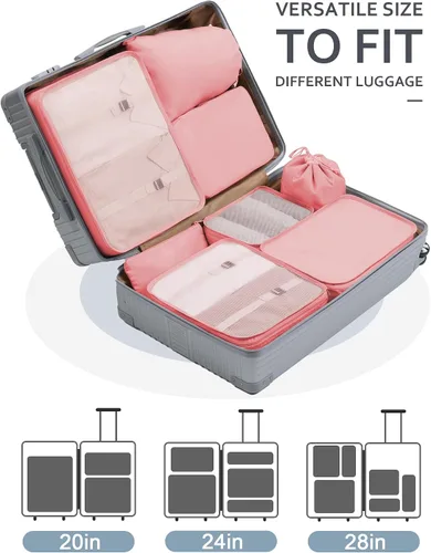 Vista 4 de Cubos de embalaje para viajes, 8 cubos de viaje, organizador de maletas plegable, bolsa de almacenamiento de equipaje ligera (color rosa).