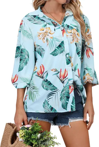 Vista 3 de ZXZY Blusa hawaiana tropical con botones y estampado floral suave para mujer