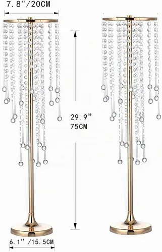 Vista 6 de Centros de mesa de boda dorados de 29.5 pulgadas para mesa, 2 jarrones altos, centros de mesa de boda con cuentas de cristal brillantes, soporte