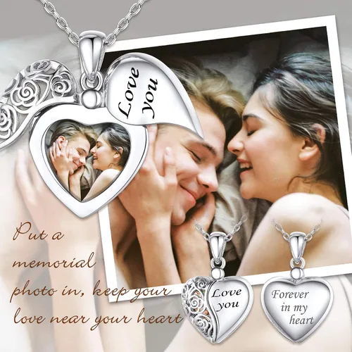 Vista 8 de SILVERCUTE Personalized & Engraved Locket Necklace with 18" Chain -Angel Wings Locket, Custom Heart Locket Pendant That Holds Picture, Sterling